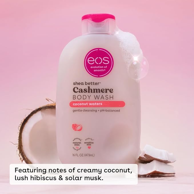 eos Shea Better Cashmere Body Wash, Coconut Waters, Moisturizing, pH Balanced Body Wash, Creamy Gel Formula, Paraben & Phthalate Free, Sensitive Skin, 16 fl oz