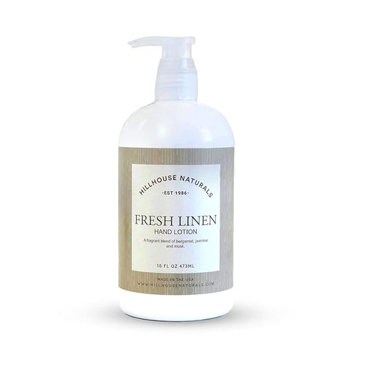 Hillhouse Naturals 16oz Fresh Linen Hand Lotion. With a blend of lemon and orange interwoven with bergamot, rose, jasmine and musk. Made in the USA