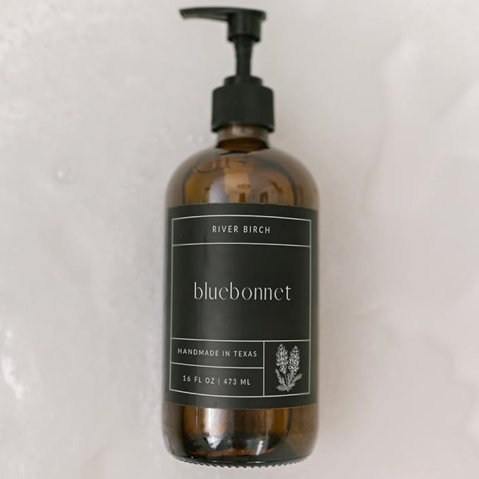 River Birch Bluebonnet Scented Natural Hand Soap -Handmade Hand Soap -Moisturizing Hand Wash with Amber Glass Dispenser - Luxury Scented Hydrating Soap - Vegan and Non-Toxic -16 Fl Oz