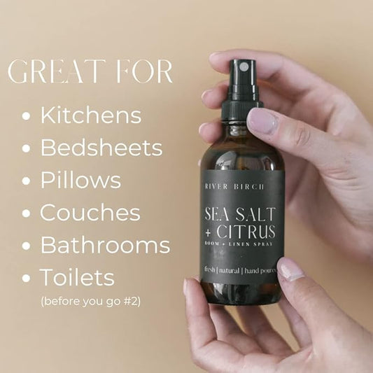 River Birch Sea Salt + Citrus Scented Linen and Room Spray | Home Fragrance | 4 oz Glass Amber Bottle | Luxury Signature Scent | Handmade in Texas