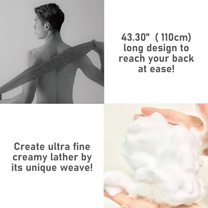 Exfoliating Washcloth [Made in Japan] Extra Long Exfoliating Towel Special Texture Makes Fluffy Foam Lather, Back Scrubber, Dead Skin Cell Remover, Loofah for Women and Men (2pcs Set(Black, Red))