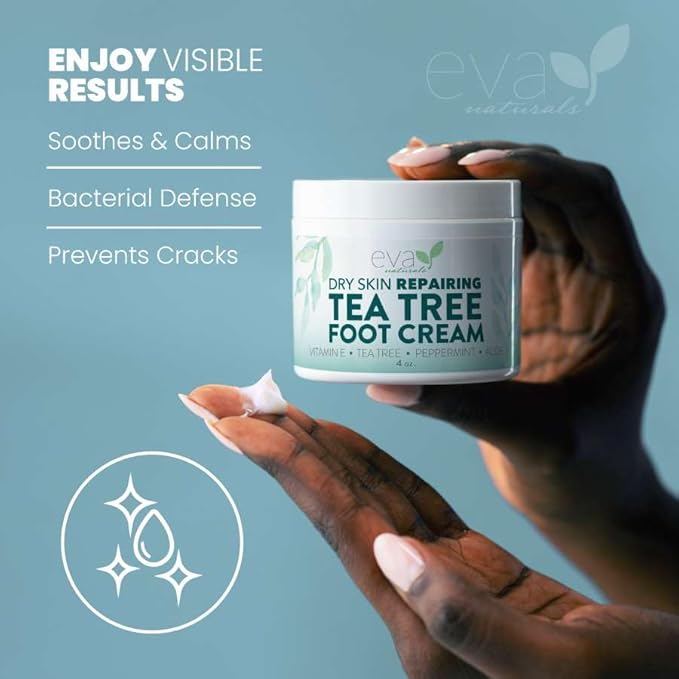 Eva Naturals Tea Tree Foot Cream – Moisturising Foot Lotion & Balm for Dry, Cracked Heels & Feet with Peppermint, Menthol, Spearmint, Aloe, Sunflower Oil & Geranium – Cream for Men & Women, 4 Fl Oz