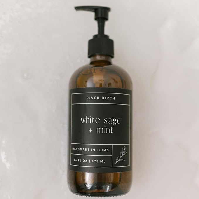 River Birch White Sage + Mint Scented Natural Hand Soap - Handmade Soap - Moisturizing Hand Wash with Amber Glass Dispenser - Luxury Scented and Hydrating - Vegan and Non-Toxic - 16 Fl Oz