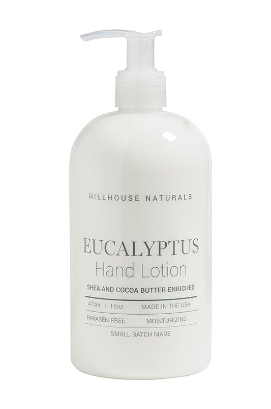 Hillhouse Naturals 16oz Eucalyptus Hand Lotion. With notes of spearmint, eucalyptus, rosemary and our special floral blend. Made in the USA