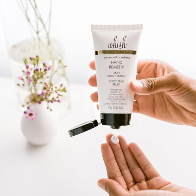 Whish Coconut Hand Remedy - Coconut Milk & Verbena, Organic Hand Cream with Glycolic Acid for Dry, Aging Hands, Exfoliating & Brightening, 2.5 Fl Oz