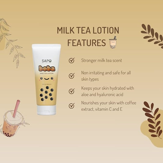 Sapo Boba Milk Tea Body Lotion - Hydrating Moisturizer with Aloe, Hyaluronic Acid, Coffee Extract and Vitamin E - Sweet Caramel Scent, 12 oz