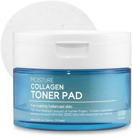 TENZERO Moisture Collagen Toner Pad (70 Count, 160g), 100% Natural Cotton, Hydrating Moisturizing Glowing Face Toner Pads, Gentle Exfoliate & Improve Elasticity, Korean Facial Toner, Dry & Dull Skin