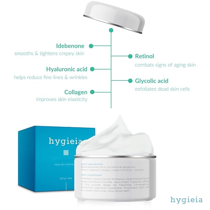 Hygieia + Crepey Skin Liposomal Repair Cream – Anti-Aging Lotion for Arms, Neck & Body – Retinol, Hyaluronic Acid & Idebenone – Firming, Wrinkle & Loose Skin Corrector, 4oz