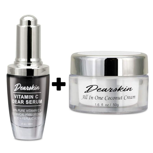 Vitamin C Dear Serum + All In One Coconut Cream seT- Pack with Vitamin C Serum 20%, Hyaluronic Acid Botanic, Vitamin E Organic and Coconut Oil Cream Day and Night (Serum + Cream)