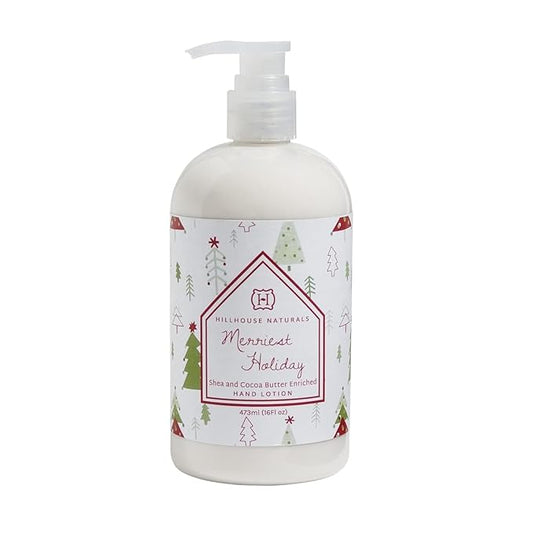 Hillhouse Naturals 16oz Merriest Holiday Hand Lotion. With scents of pine and eucalyptus, this earthy and woody fragrance. Made in the USA
