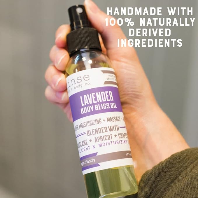 Rinse Bath & Body Moisturizing Lavender Oil Spray for Body - Natural, Light & Fast Absorbing | Squalane, Grapeseed & Apricot Oil | All Skin Types | Shower & Massage | Vitamin E | Handmade | 4floz