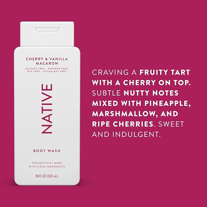 Native Body Wash Contains Naturally Derived Ingredients | For Women & Men, Sulfate, Paraben, & Dye Free Leaving Skin Soft and Hydrating | Cherry & Vanilla Macaron 18 oz - 2 Pk