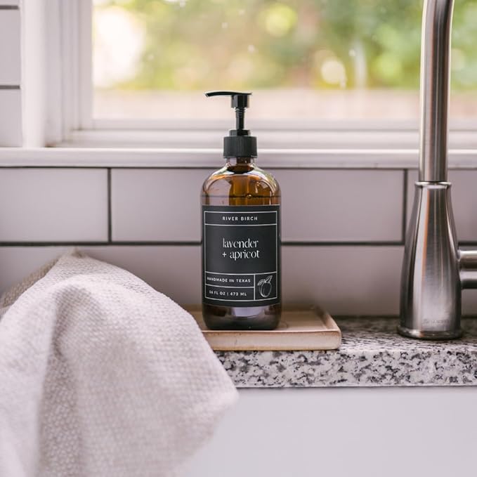 River Birch Lavender + Apricot Scented Natural Hand Soap - Handmade Soap - Moisturizing Hand Wash with Amber Glass Dispenser - Luxury Scented Hydrating Hand Soap - Vegan and Non-Toxic - 16 Fl Oz