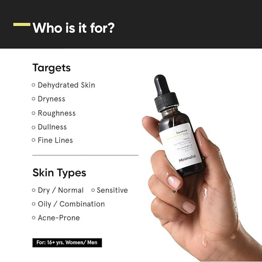 Minimalist Squalane 100% (Plant Derived) Face Oil for Moisturization | Improves Skin Hydration & Reduces Fine Lines | Restores Suppleness, Firmness & Elasticity of Skin | 1 Fl Oz / 30 ml