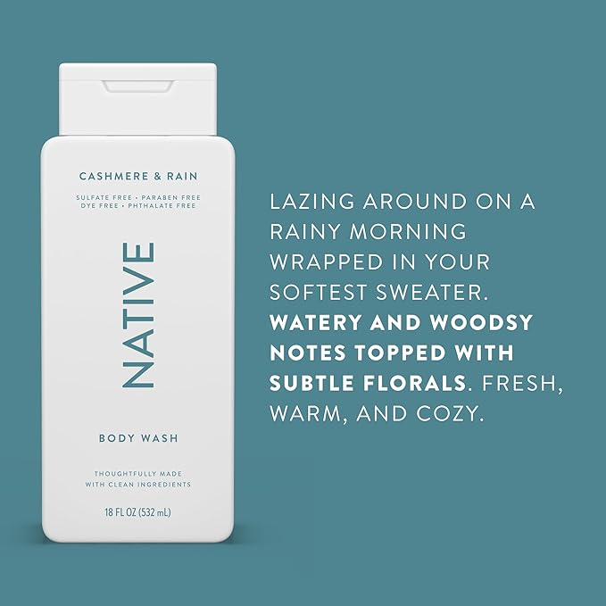 Native Body Wash Contains Naturally Derived Ingredients | For Women & Men, Sulfate, Paraben, & Dye Free Leaving Skin Soft and Hydrating | Cashmere & Rain 18 oz - 2 Pk