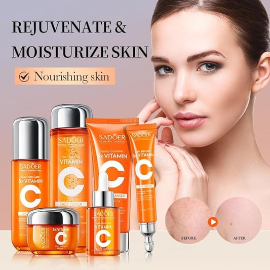 Vitamin C Skincare Set ,Skin Hydration,1Gift Box,1Toner,Face Care Kit Includes Toner,Serum,Cleanser,Moisturizer,Eye Cream & Body Lotion,Unique Gift for Women