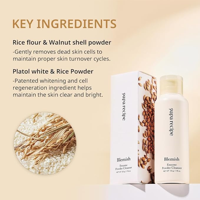 Papa Recipe Blemish Enzyme Powder Rice Cleanser – Gentle Triple Exfoliation with Papain, PHA & Rice Powder – Low pH Korean Skincare Face Wash for Clearer, Radiant Skin