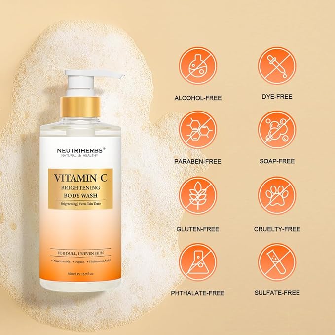 Neutriherbs Brightening Body Wash for Dull,Uneven Skin, Vitamin C Brightening Shower Gel For Women And Men, Daily Shower Soap With Papain, Niacinamide - Citrus Scent 16.9 Fl.Oz
