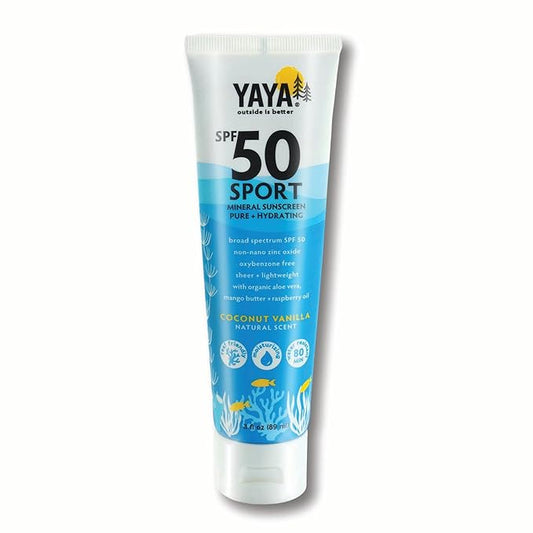 YAYA ORGANICS Sport Mineral Sunscreen Lotion, SPF 50, Reef-Friendly, Non-Nano Zinc Oxide, Water-Resistant, Pure + Hydrating, 3 oz
