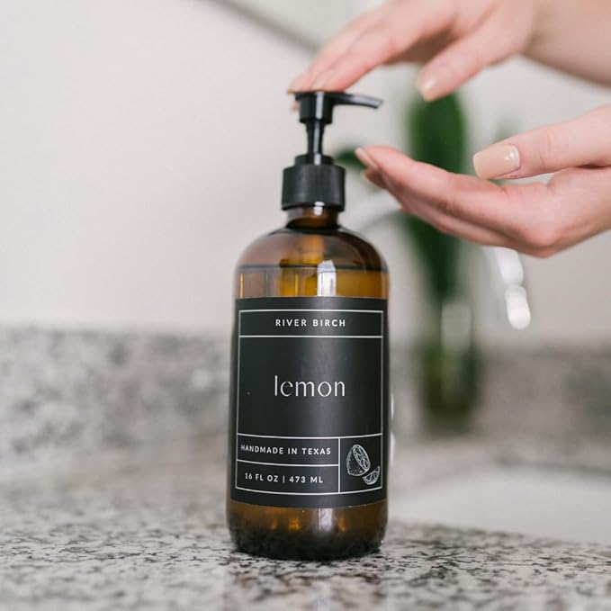 River Birch Lemon Scented Natural Hand Soap - Handmade Soap - Moisturizing Hand Wash with Amber Glass Dispenser - Luxury Scented Hydrating Hand Soap - Vegan and Non-Toxic - 16 Fl Oz
