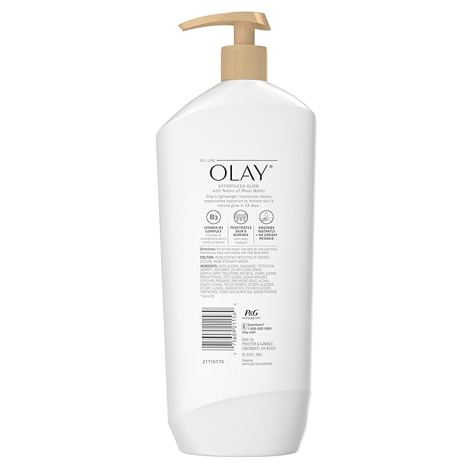 Olay Body Lotion for Women, Effortless Glow, Restore Natural Glow, 24hr Moisturizing & Deep Hydration, Absorbs Instantly, Penetrating Vitamin B3 Complex, For All Skin Types, Rose Water Scent, 18 fl oz