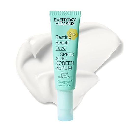 Everyday Humans SPF30 Resting Beach Face Sunscreen Serum for Women, 1.7oz PA +++ | Sheer, Light Glow Finish with Hyaluronic Acid | Make-Up Primer Face SPF Moisturizer For All Skin Types