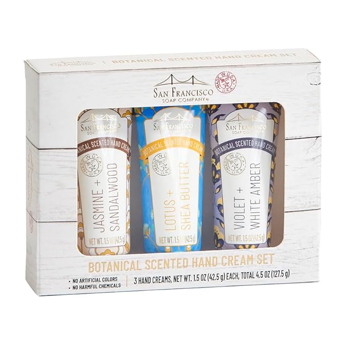 San Francisco Soap Company Botanical Hand Cream 3 Piece Set | Jasmine & Sandalwood, Lotus & Shea Butter, Violet & White Amber | Made in USA |