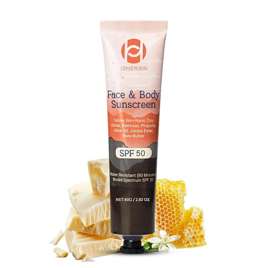 Natural Mineral Sunscreen SPF 50 - Natural Tallow & Zinc Oxide, Beef Tallow Sunscreen for Face & Body SPF 50, Lightweight under Makeup, No Sticky Travel Essentials, Summer Essentials