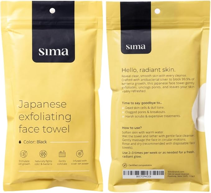 Exfoliating Washcloth Face & Body Scrub Towel - Japanese Exfoliating Towel with Hexagon Fibers, Body Scrubber with 2 Sides for Scrubbing & Washing (Black, 27cm x 35cm)
