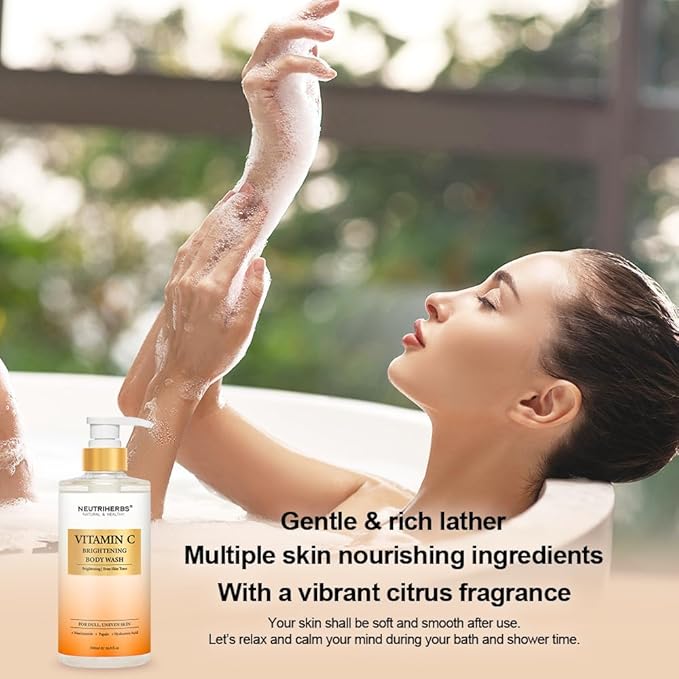 Neutriherbs Brightening Body Wash for Dull,Uneven Skin, Vitamin C Brightening Shower Gel For Women And Men, Daily Shower Soap With Papain, Niacinamide - Citrus Scent 16.9 Fl.Oz