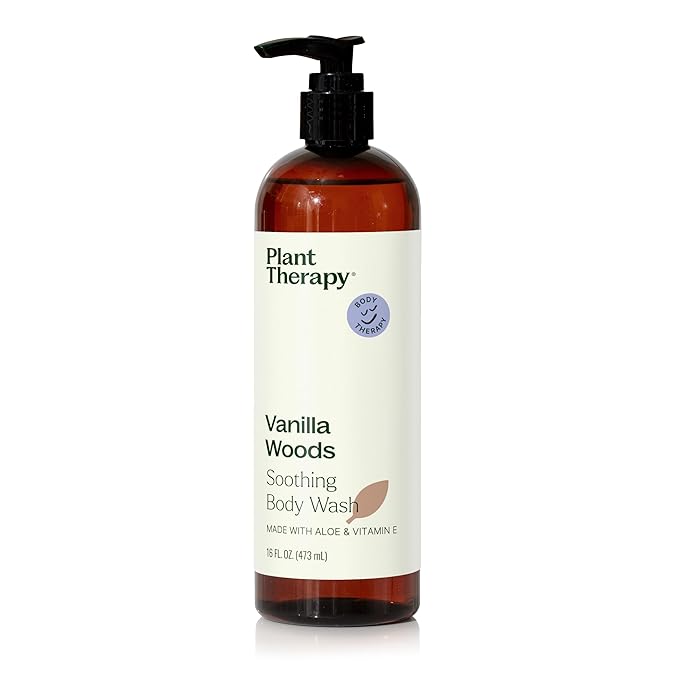 Plant Therapy Vanilla Woods Natural Body Wash 16 oz For all Skin Types, Sulfate Free Body Wash, For Men or Women, Sophisticated Sweet & Woody Scent, Lush, Hydrating Lather, Cleanses & Soothes Skin