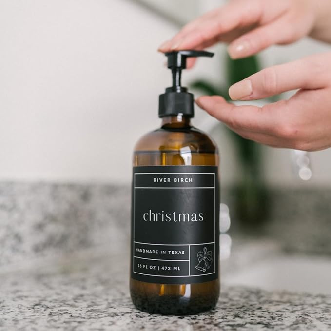River Birch Christmas Scented Natural Hand Soap - Handmade Soap - Moisturizing Hand Wash with Amber Dispenser - Luxury Scented Hydrating Hand Soap - Vegan and Non Toxic - 16 Fl Oz