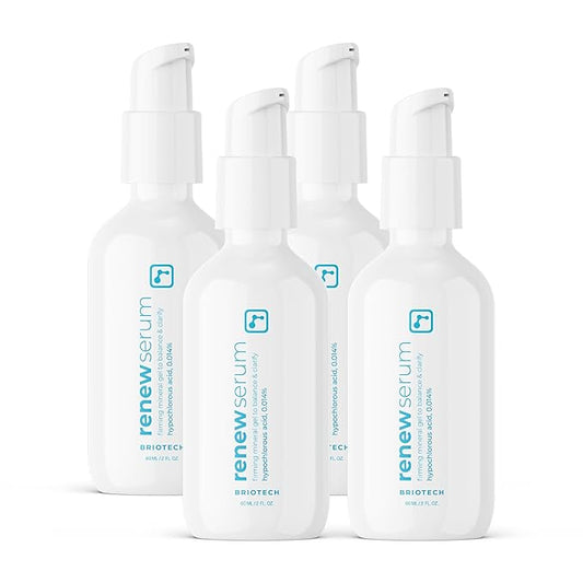 BRIOTECH Renew Serum, Hypochlorous Acid Mineral Gel, Soften Fine Line Appearance, Smooth Skin for Face, Neck, Chest, Spot Corrector, Soothe Redness, Vegan, 2 fl oz (4 Pack)