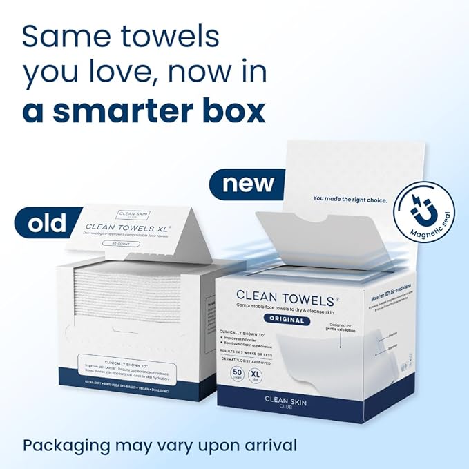 Clean Skin Club Clean Towels XL®, 100% USDA Biobased Face Towel, Disposable Face Towelette, Eczema Association Accepted, Makeup Remover Dry Wipes, Ultra Soft, 50 ct per pack, 3 Packs, 150 Ct Total