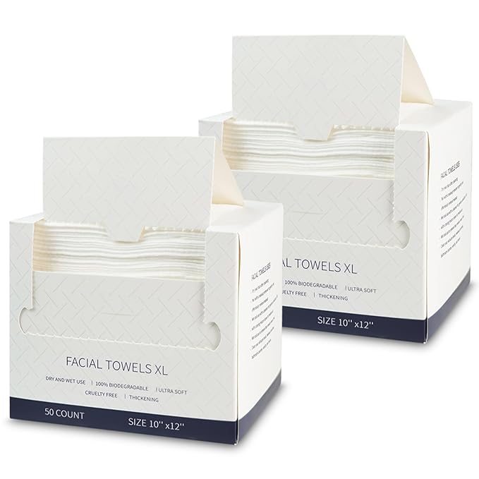 Face Towels Disposable, 12” x 10” Biobased Facial Towelettes, Large Soft & Thick Dry Wipes for Gentle Skincare, Face Washing & Makeup Removal, Lint-Free Clean Facial Towels, 100 Count
