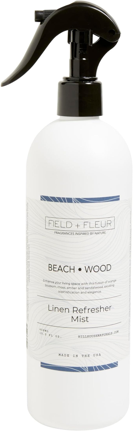 Field + Fleur by Hillhouse Naturals Beachwood Linen Refresher Mist 15.5oz - Fresh Home Fragrance Spray for Bedding, Sofas & Clothes - Peach, Orange Blossom, Moss & Sandalwood - Made in the USA