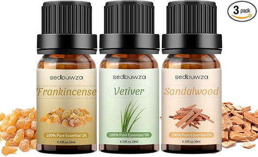 Sedbuwza Frankincense Vetiver Sandalwood Essential Oil Set, Sandalwood Fragrance Oil Frankincense Vetiver Scent Oil Set for Diffuser, Aromatherapy, Massage, Soap, Candle Making 3 x 10 ml