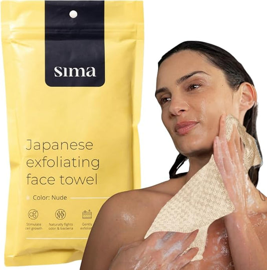 Exfoliating Washcloth Face & Body Scrub Towel - Japanese Exfoliating Towel with Hexagon Fibers, Body Scrubber with 2 Sides for Scrubbing & Washing (Nude, 27cm x 35cm)
