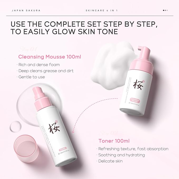 Sakura Skin Care Sets for Women & Teens, Brilliant Skin Rejuvenating Set, Cherry Blossom Skincare Kits with Cleanser, Toner, Serum, Cream, Hydrating Travel Size Facial Kit Hydrating Gifts Sets (4PCS)