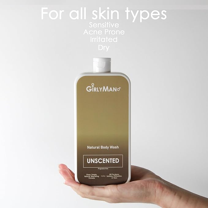 GirlyMan Natural Body Wash - Made with Olive Oil & Aloe Extract, No Artificial Fragrance, PH Balanced, Gentle Formula, Nourishing Ingredients, Family Owned (Unscented)