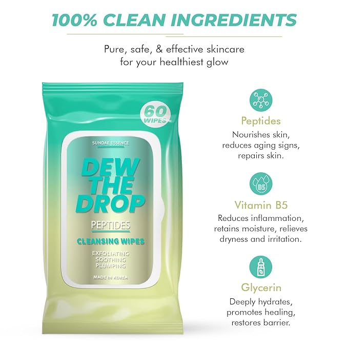 Peptides Facial Wipes - Dermatologist-Tested, Anti-Aging, Korean Skin Care, Gently Cleanses, Restores Moisture & Refreshes Skin - Clean Formula, Vegan, 95% Natural - 1 Pack
