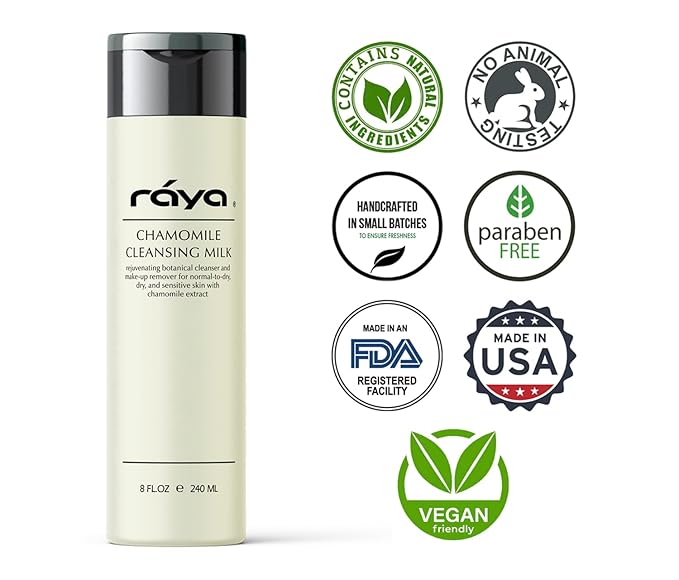 Raya Chamomile Facial Cleansing Milk 8 oz (152) | Gentle, Soap-Free Fluid Cleanser and Make-Up Removing Lotion for Dry and Sensitive Skin | Helps Calm Irritations and Refine Pores
