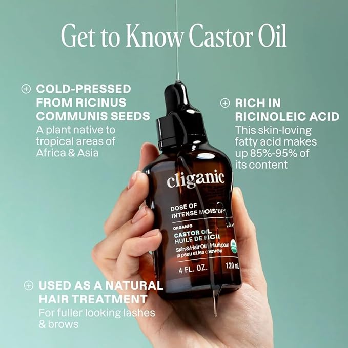 Cliganic Organic Castor Oil, 100% Pure - For Hair, Skin, Face, Eyelashes & Eyebrows | Natural Cold Pressed Unrefined Hexane-Free (8oz)