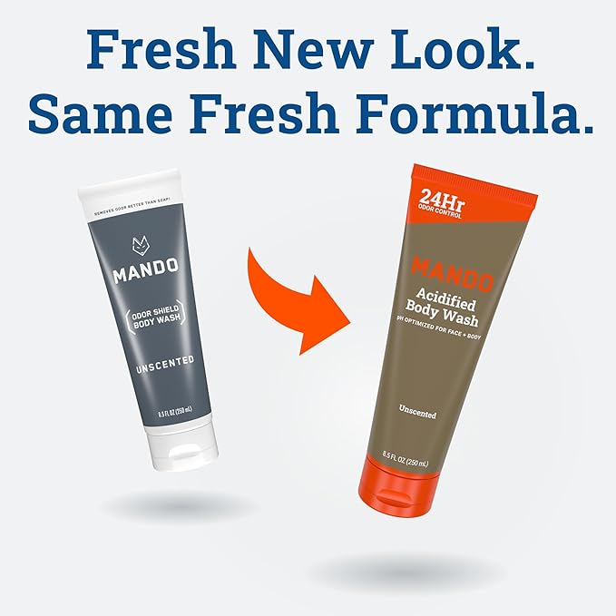 Mando Odor Shield Body Wash - 24 Hour Control - Removes Odor Better than Soap - SLS Free, Paraben Free, Skin Safe - 8.5 Ounce (Pack of 2) (Unscented)