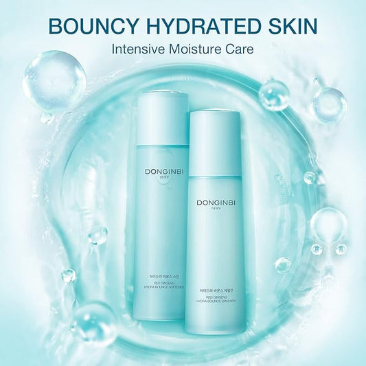 Donginbi Hydra Bounce Skin Care Set - Hydrating Toner(5.07 floz), Korean Red Ginseng Essence(4.4 floz), Firming Cream, and Face Moisturizer with Hyaluronic Acid, Korean Skin Care Gifts for Women