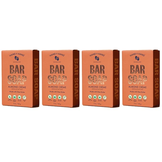 Hand in Hand Bar Soap, Nourishing Cleanser For All Skin Types, Organic Shea and Cocoa Butters, 5 Ounce, Vanilla & Oat Milk, Almond Creme Scent, 4 Pack