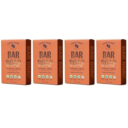 Hand in Hand Bar Soap, Nourishing Cleanser For All Skin Types, Organic Shea and Cocoa Butters, 5 Ounce, Vanilla & Oat Milk, Almond Creme Scent, 4 Pack