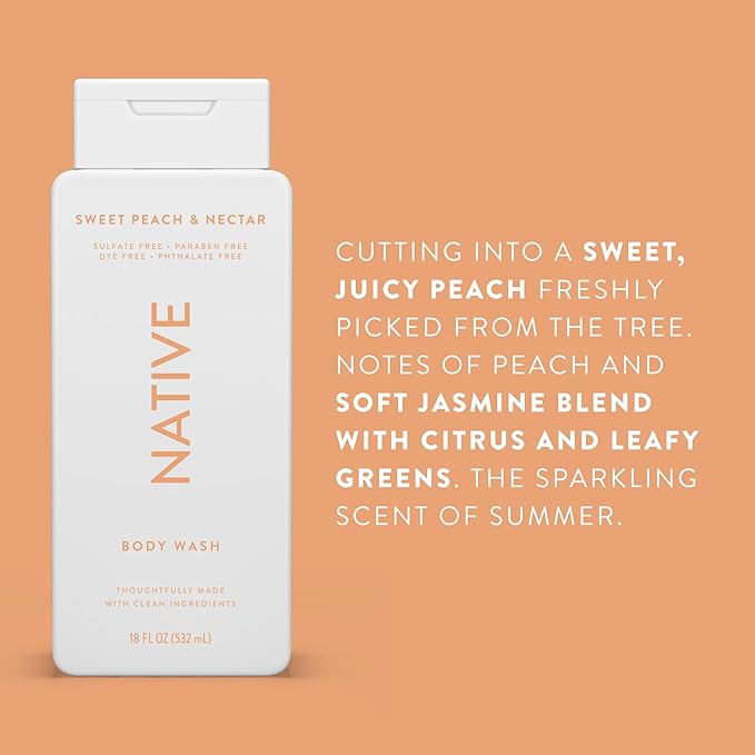 Native Body Wash Contains Naturally Derived Ingredients | For Women & Men, Sulfate, Paraben, & Dye Free Leaving Skin Soft and Hydrating | Sweet Peach & Nectar 18 oz - 2 Pk