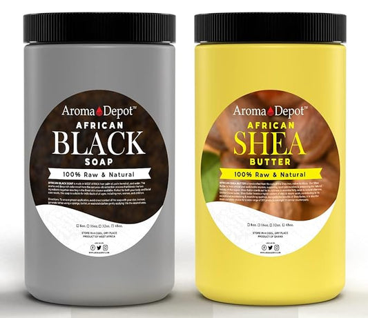 Raw African Black Soap & Shea Butter Yellow 2 lbs. COMBO PACK Cleanser and Moisturizer Set 100% Raw-Pure Unrefined I For all skin types I For Hair, Body and Face I Imported from Ghana I