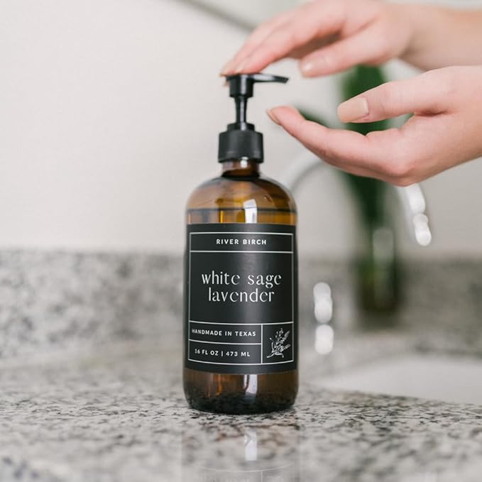 River Birch White Sage Lavender Scented Natural Hand Soap -Handmade Soap -Moisturizing Hand Wash with Amber Glass Dispenser - Luxury Scented Hydrating Hand Soap - Vegan and Non Toxic -16 Fl Oz